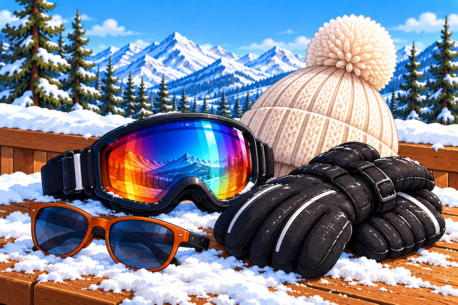 Lunettes de soleil, masque, bonnet et gants de ski